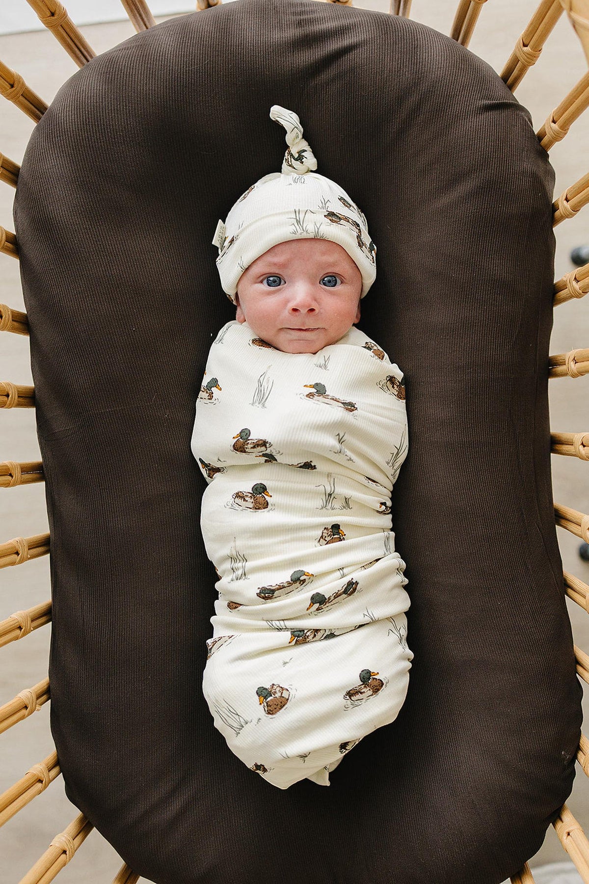 A baby wrapped in a soft, cream-colored bamboo swaddle featuring a duck print, rests on a brown cushioned surface in a woven basket. The baby wears a matching duck-patterned hat.