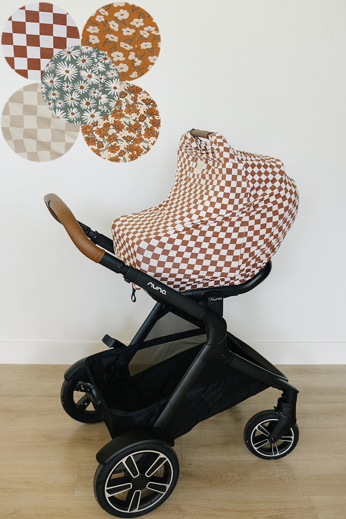 Checkered brown and white car seat cover on a stroller, with various fabric patterns displayed above.