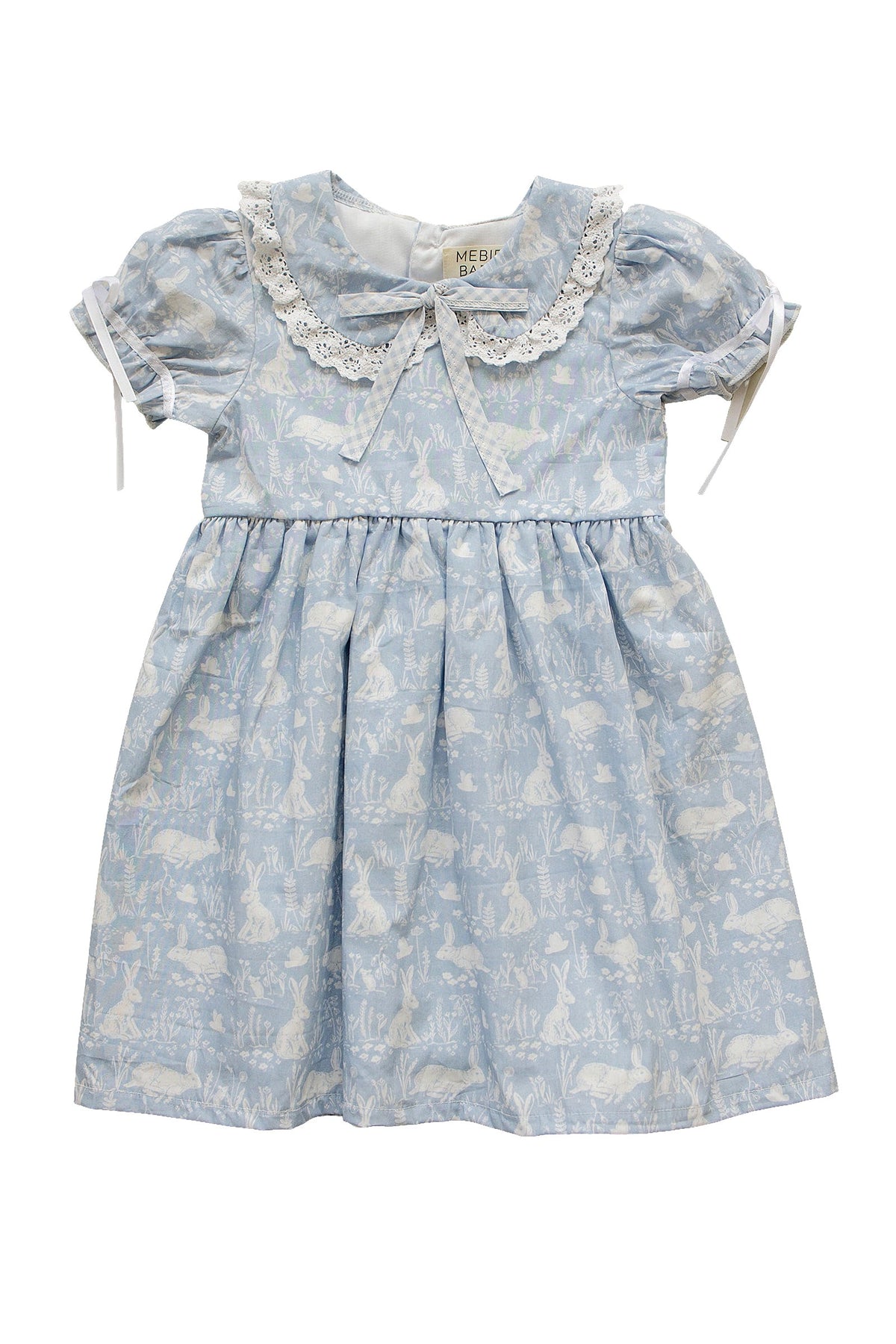 Light blue baby dress with bunny pattern, Peter Pan collar, lace trim, and bows on sleeves. Cotton material.