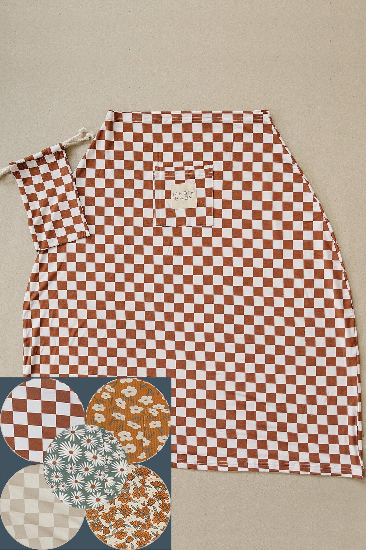 Mebie Baby taupe checkered bamboo cover with drawstring pouch, featuring additional floral and geometric pattern options. Eco-friendly design.