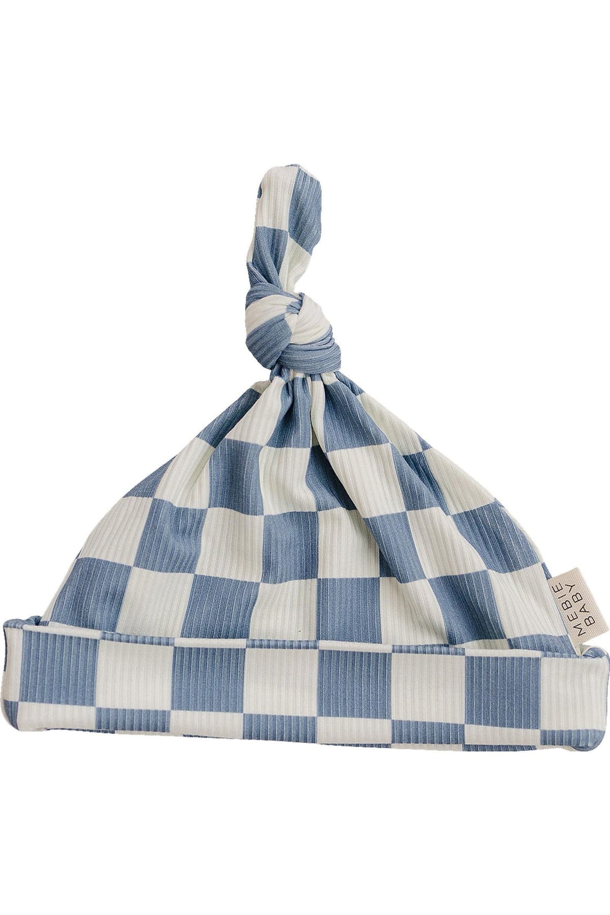 Blue and white checkered newborn knot hat made from soft bamboo rayon, designed for comfort and style. Perfect for infants.