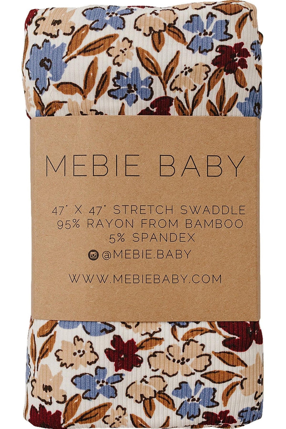 Floral patterned swaddle with blue, red, and brown flowers, wrapped in Mebie Baby branded packaging made from bamboo fabric.
