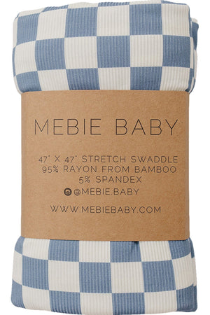 Blue checkered swaddle by Mebie Baby, made from 95% bamboo rayon and 5% spandex, wrapped in brown paper.