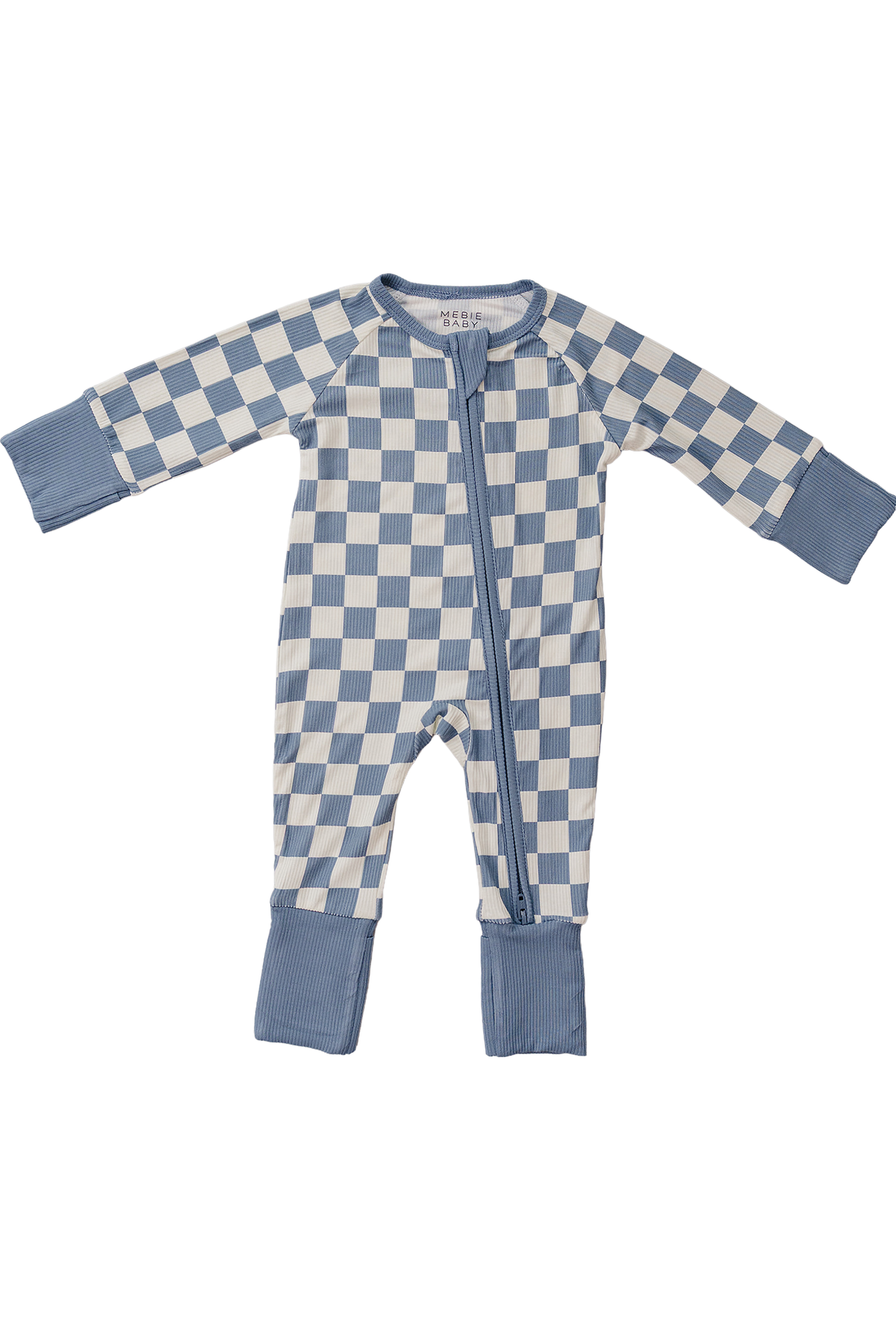 Blue checkered bamboo zipper pajama for babies featuring a soft, breathable fabric and convenient double zipper design for easy changes.