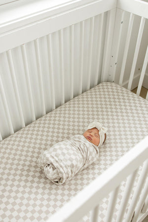 Taupe Checkered Stretch Crib Sheet |  Bamboo | Baby Essentials