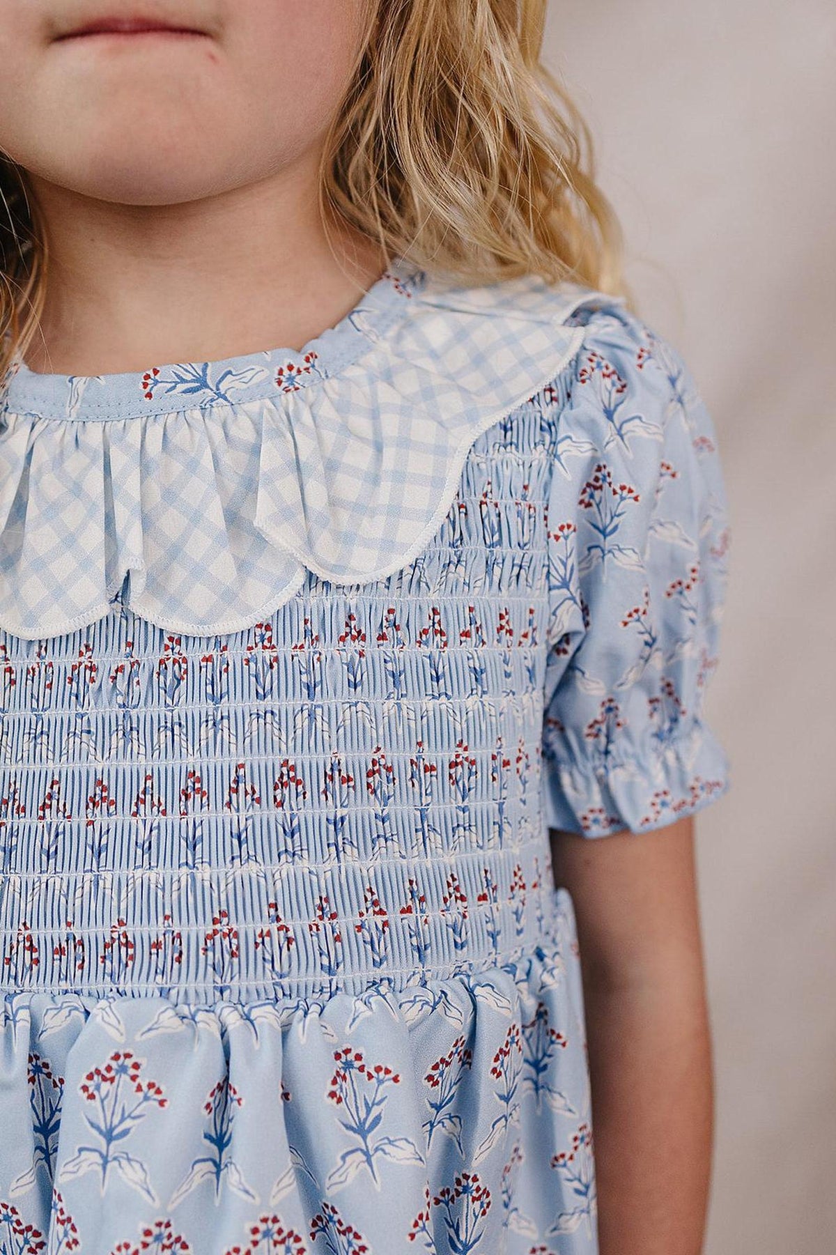 A close-up of a child wearing a light blue dress with a gingham collar and floral accents. The dress features smocked detailing and soft, breathable fabric, perfect for everyday adventures.