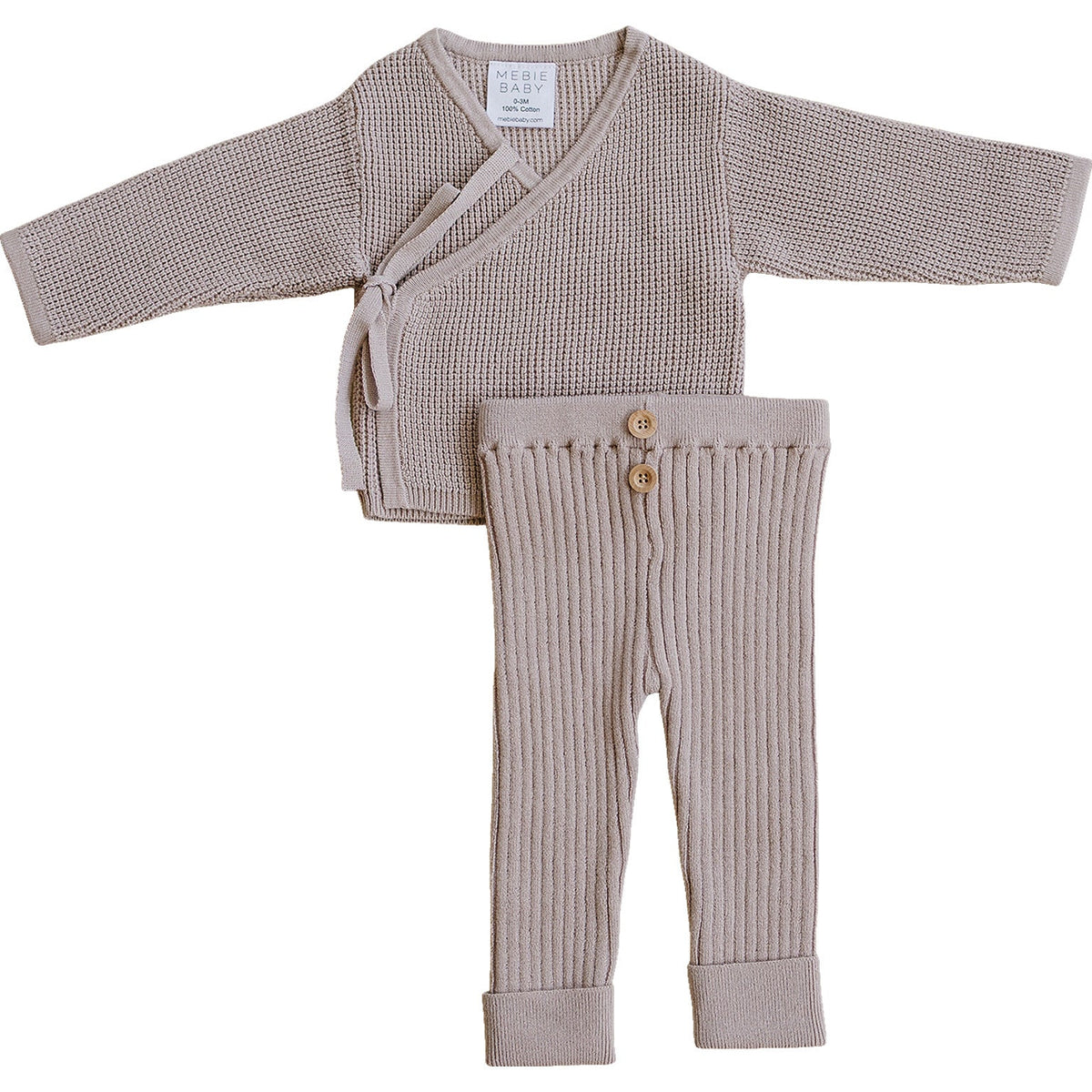 Soft, mauve cotton knit baby set featuring a textured wrap cardigan and ribbed leggings with button details.