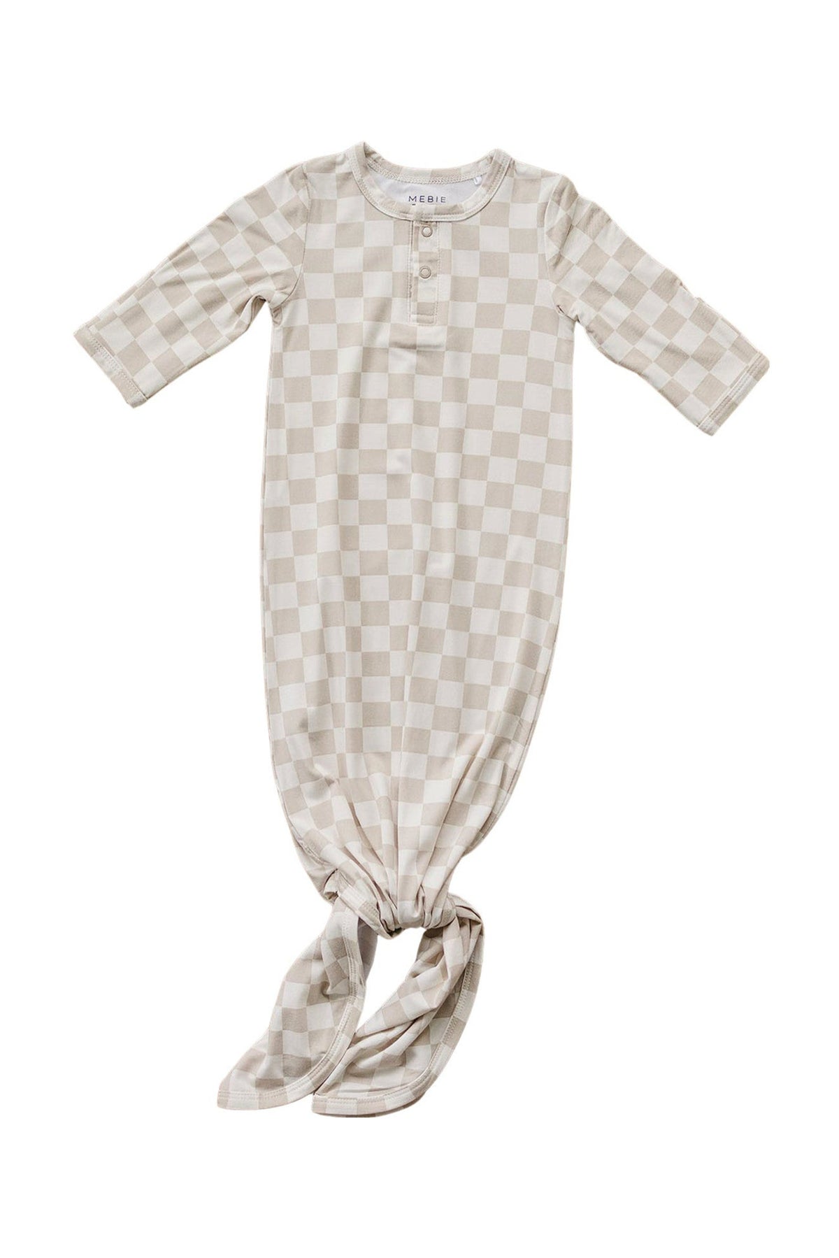 Taupe checkered bamboo knot gown with long sleeves and a tied bottom, ideal for babies aged 0-3 months.