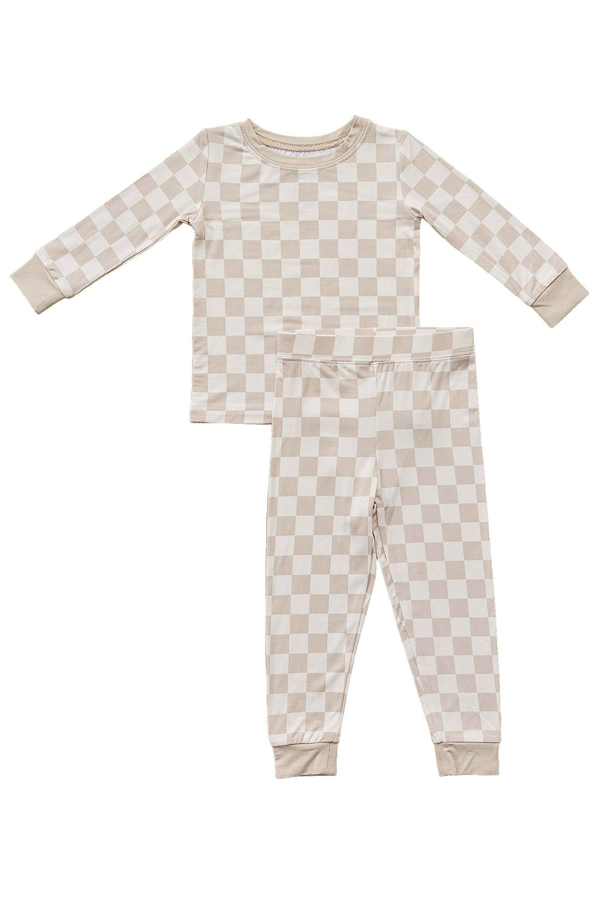 Taupe checkered pajama set with long sleeves and elastic waistband, made from bamboo fabric for babies and toddlers.