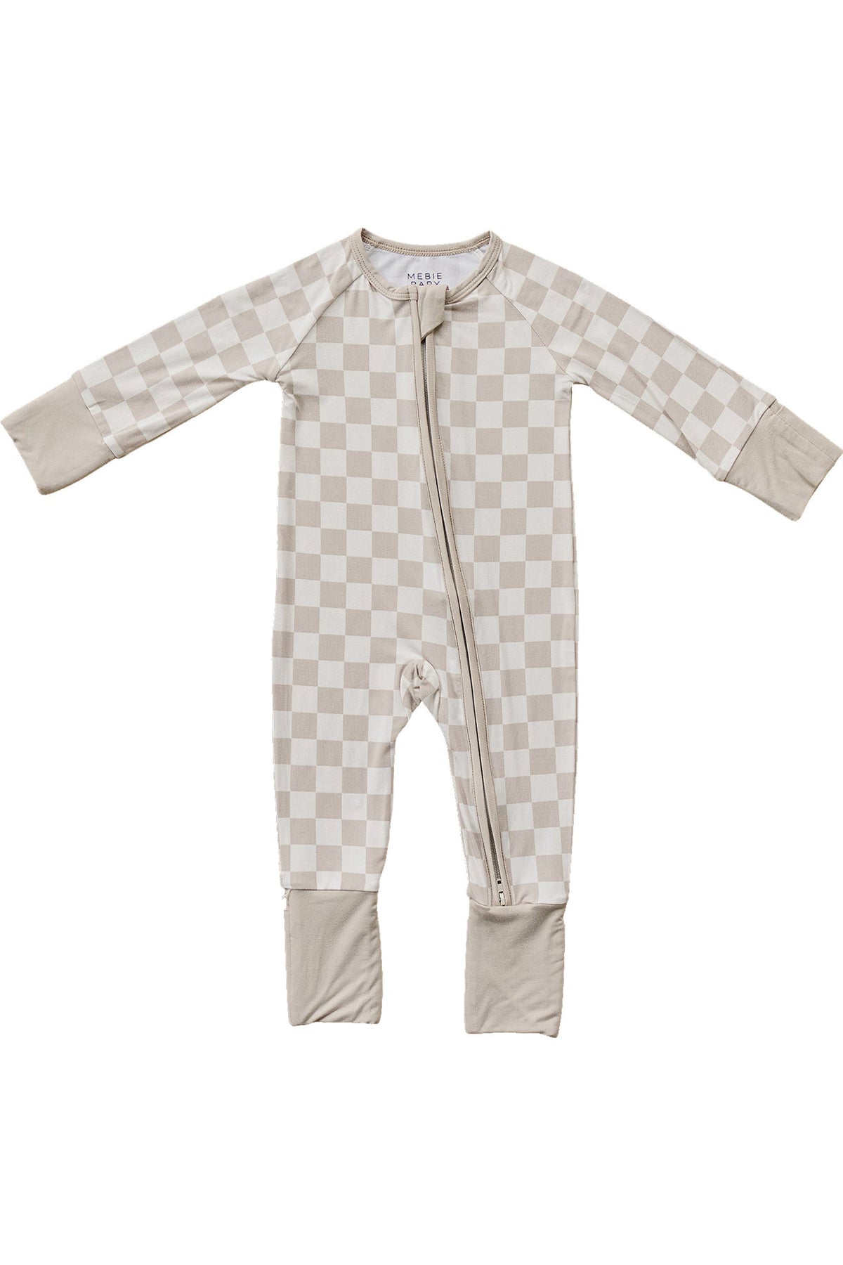Taupe checkered baby pajamas with foot cuffs and double zipper design, made from soft bamboo fabric.