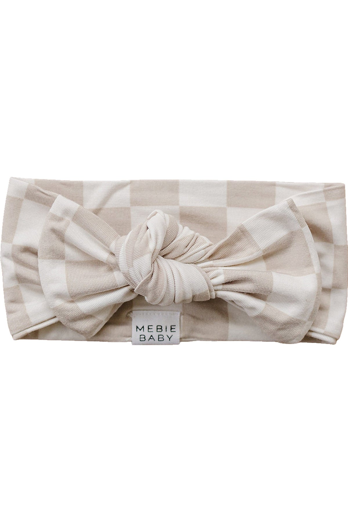 Taupe checkered head wrap made from soft bamboo fabric, featuring a front knot and Mebie Baby branding. Perfect for newborns.