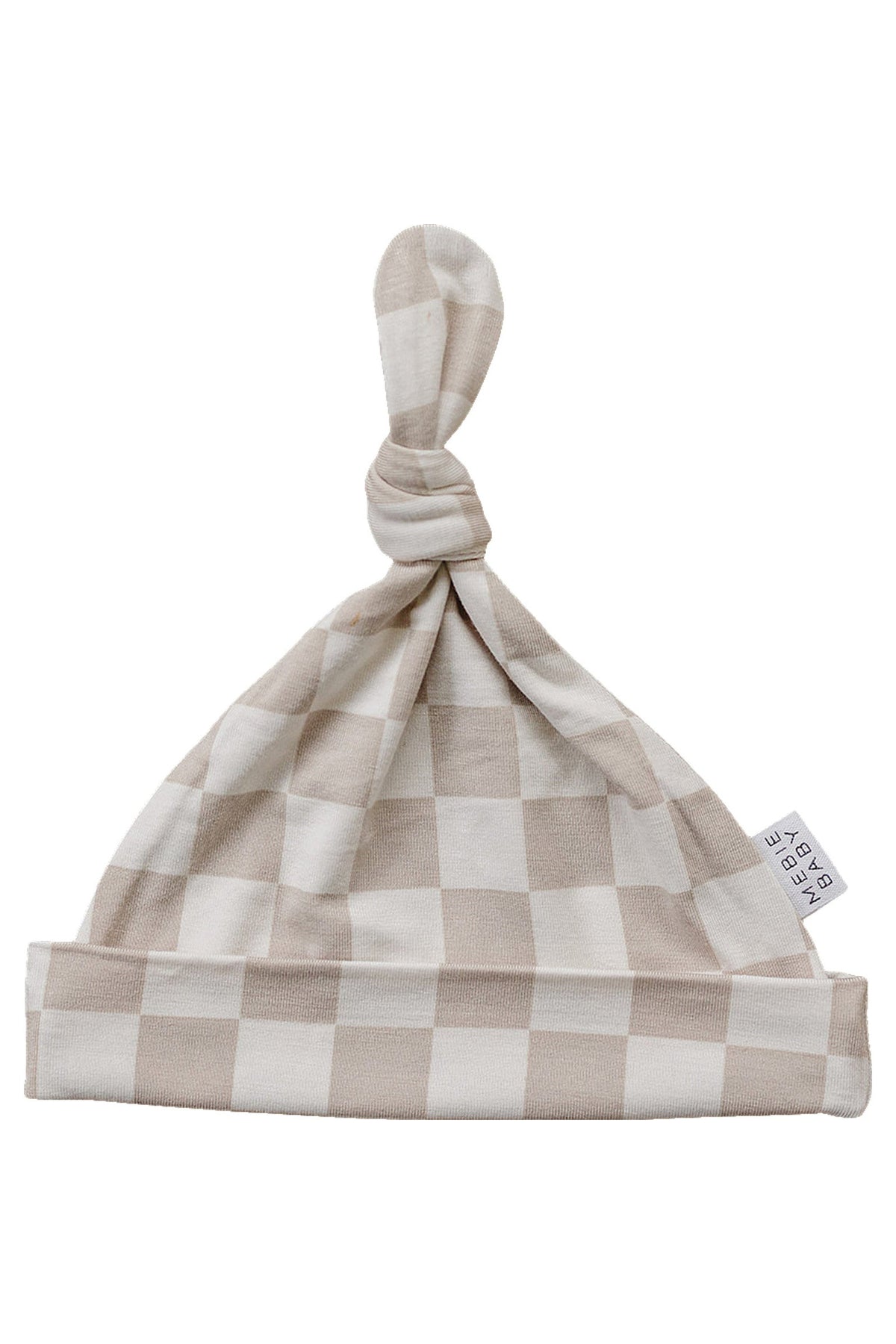 Taupe checkered newborn knot hat made of soft bamboo fabric, featuring a simple knot design and folded brim.