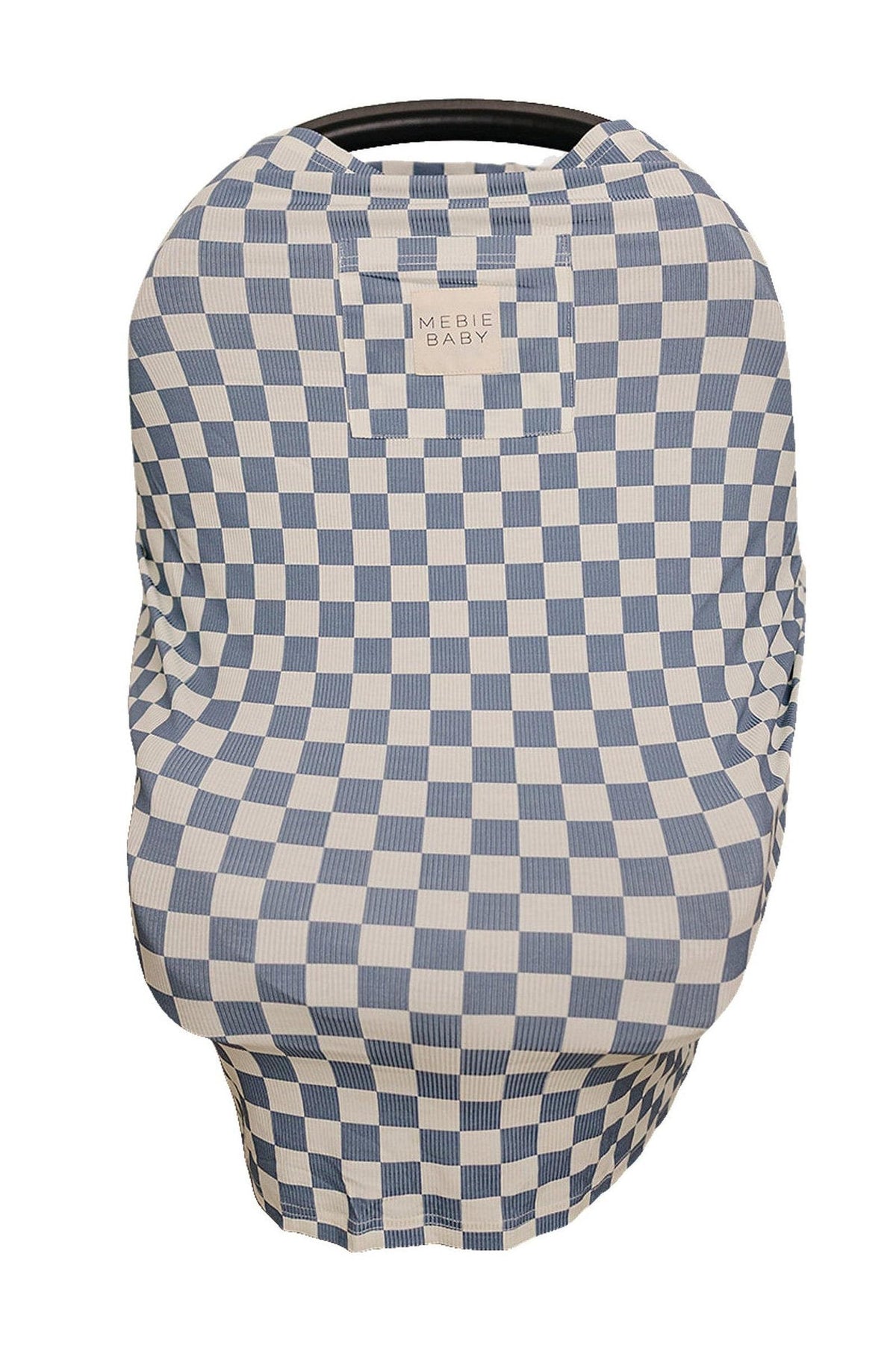 A blue and white checkered bamboo multi-use cover drapes over a car seat, showcasing its soft, breathable fabric and versatile.