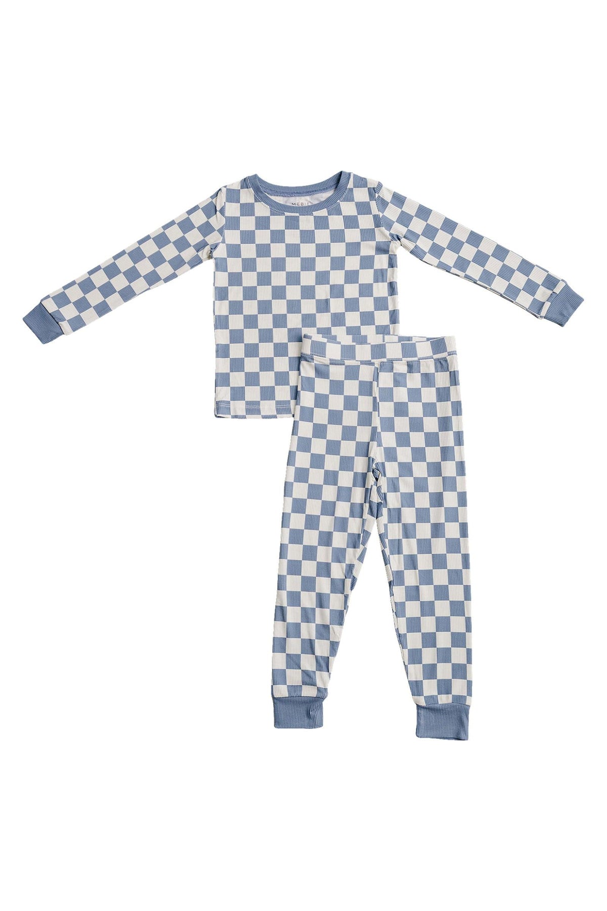 Blue checkered ribbed pajama set for toddlers, made from soft bamboo fabric, featuring long sleeves and matching pants.