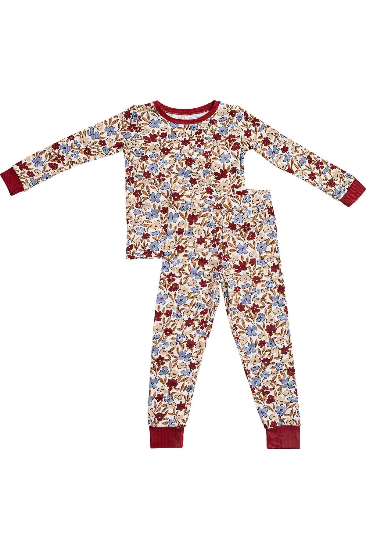 Cozy ribbed pajama set for toddlers featuring a desert floral pattern in soft bamboo fabric, perfect for ages 6 months.