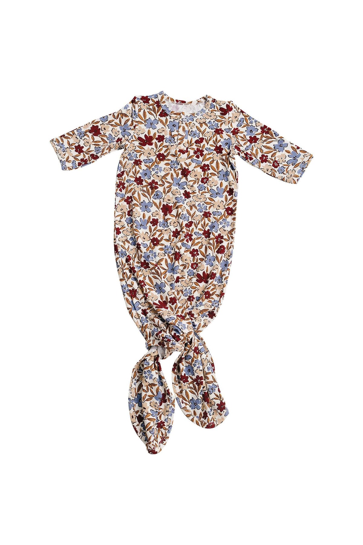 A floral-patterned knot gown in soft bamboo fabric, featuring earthy tones and long sleeves, designed for baby girls aged 0-3.