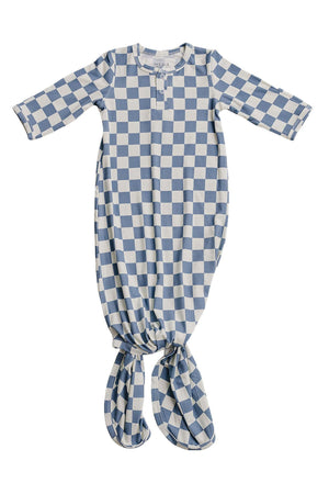 Light blue and white checkered bamboo ribbed knot gown for babies, featuring long sleeves and a knotted bottom for easy.