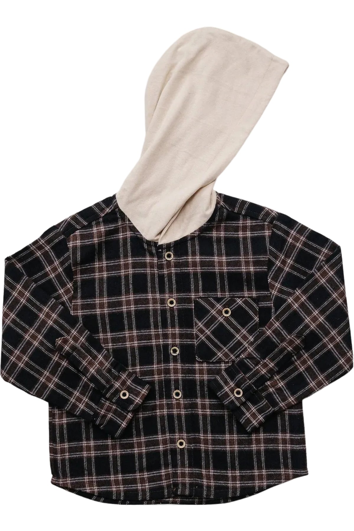 A dark plaid hooded button-up shirt features a soft fabric with shades of black, gray, and brown. The attached beige hood adds warmth and style for cool-weather wear.