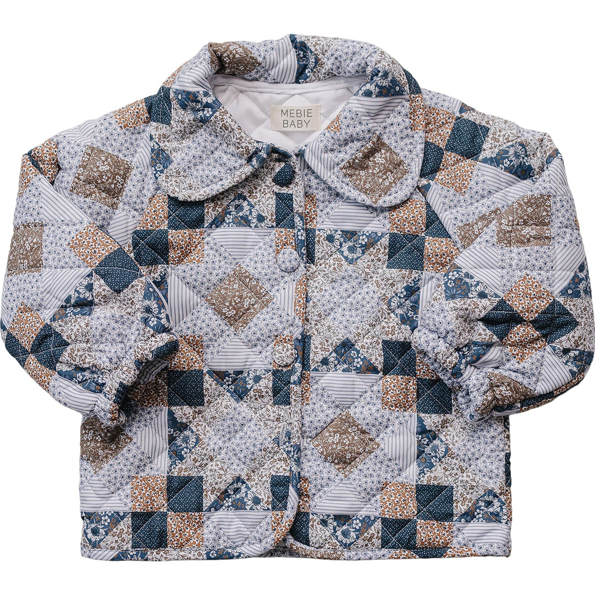 A patchwork quilted cotton jacket in soft blue, brown, and cream tones features a round collar and button closure, designed for babies and kids by Mebie Baby.