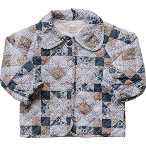 A patchwork quilted cotton jacket in soft blue, brown, and cream tones features a round collar and button closure, designed for babies and kids by Mebie Baby.