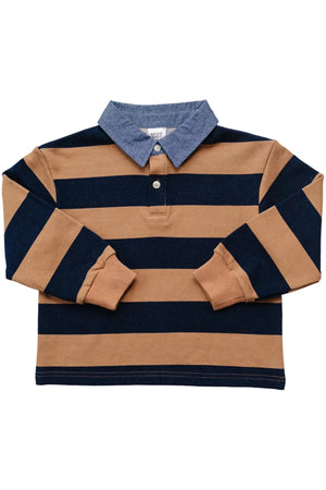 Classic camel and navy striped collar shirt featuring a soft, breathable cotton blend. Ideal for kids, this stylish shirt combines comfort with a polished look for various occasions.