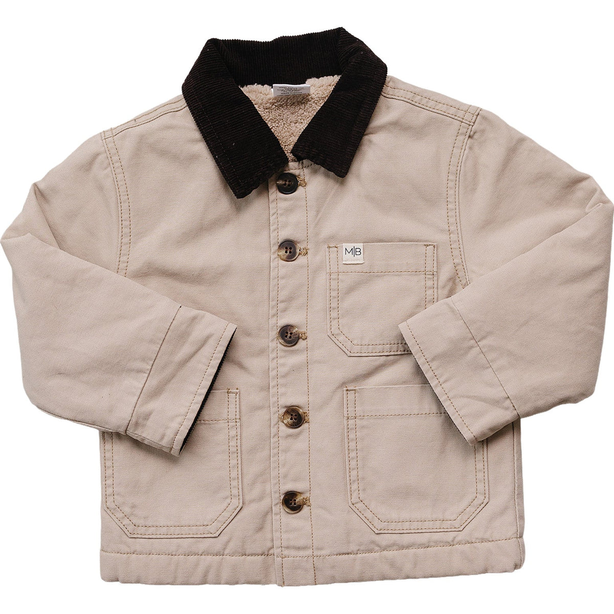 Beige cotton jacket featuring a corduroy collar, front button closure, and two chest pockets. This classic design is perfect for kids, providing comfort and style for everyday wear.