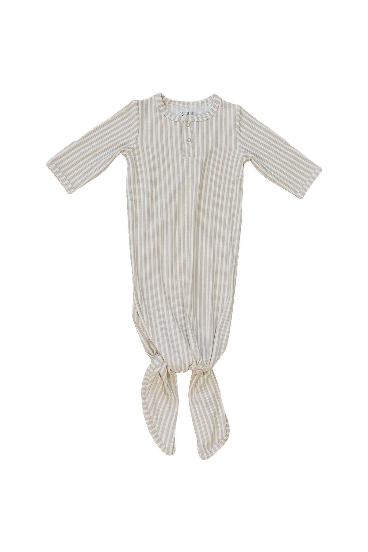 Taupe striped ribbed knot gown made from soft bamboo fabric, designed for newborns aged 0-3 months. Features three-quarter sleeves and a knotted bottom for easy dressing and comfort.