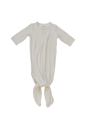 Taupe striped ribbed knot gown made from soft bamboo fabric, designed for newborns aged 0-3 months. Features three-quarter sleeves and a knotted bottom for easy dressing and comfort.