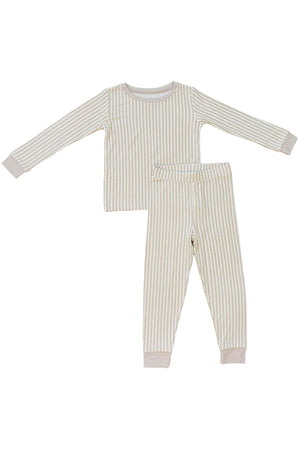 A taupe and cream striped pajama set for children, featuring a long-sleeve top and matching pants.
