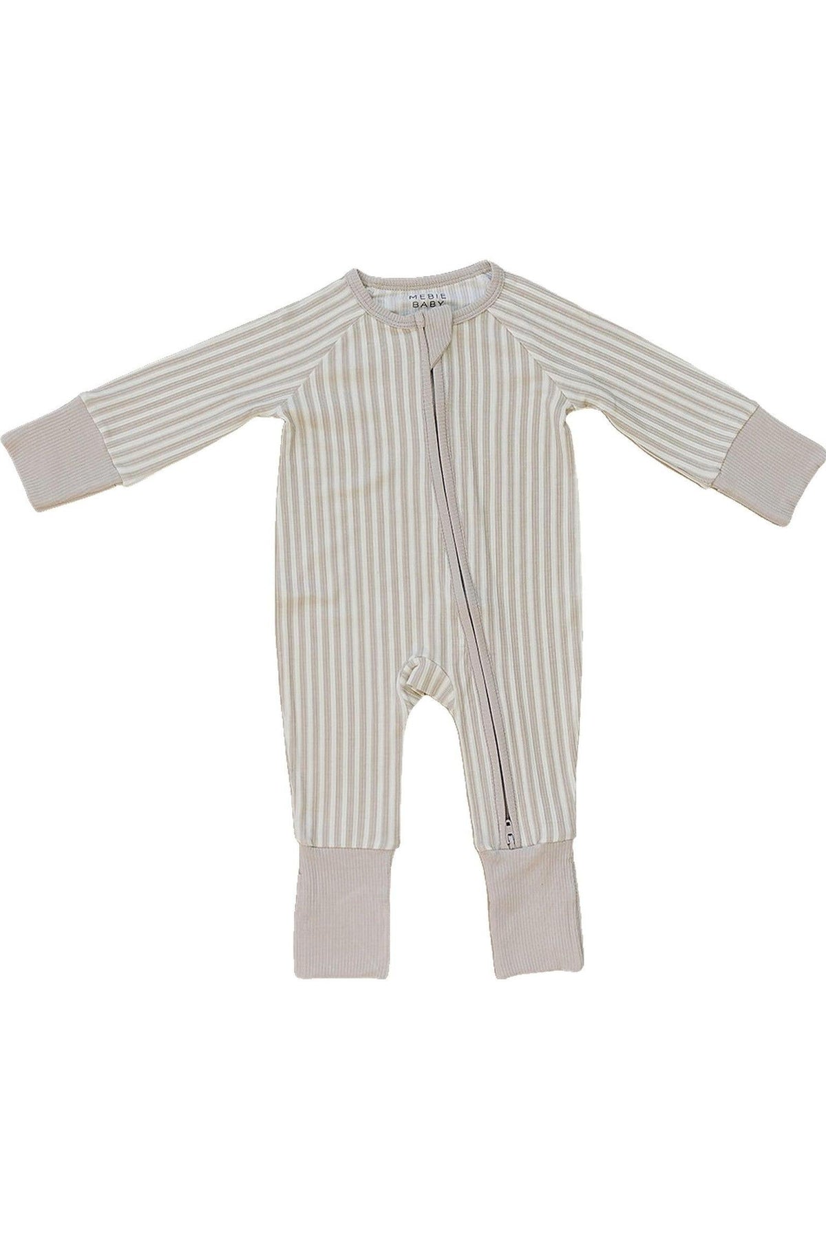 A taupe striped ribbed zipper pajama made from soft bamboo fabric, featuring a two-way zipper for easy dressing. This gender-neutral design is perfect for babies, ensuring comfort and practicality.