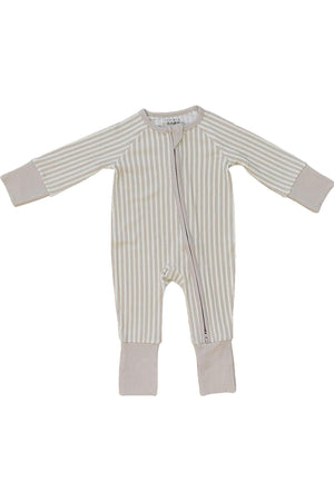A taupe striped ribbed zipper pajama made from soft bamboo fabric, featuring a two-way zipper for easy dressing. This gender-neutral design is perfect for babies, ensuring comfort and practicality.