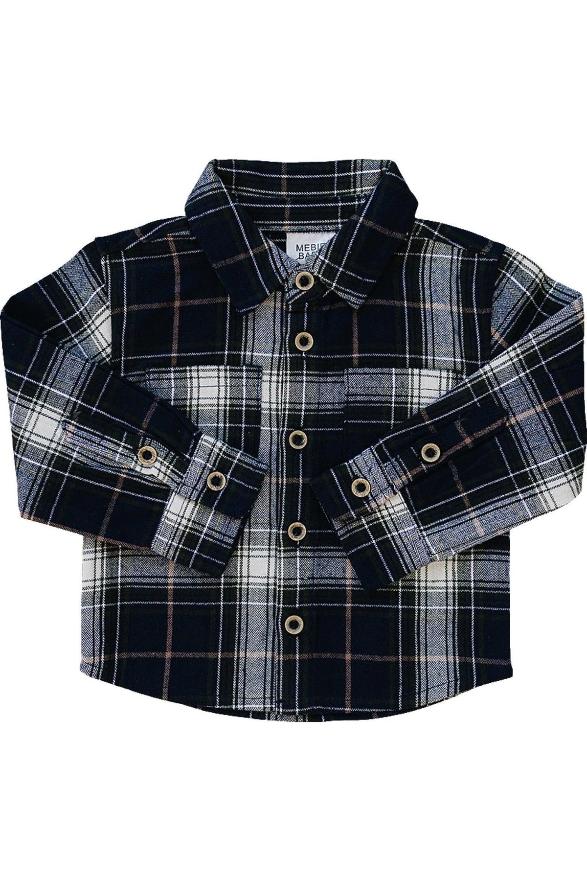 Navy plaid button-up shirt from Mebie Baby, made of 100% cotton. This soft, flannel shirt features a classic design with button closures, suitable for infants and toddlers.