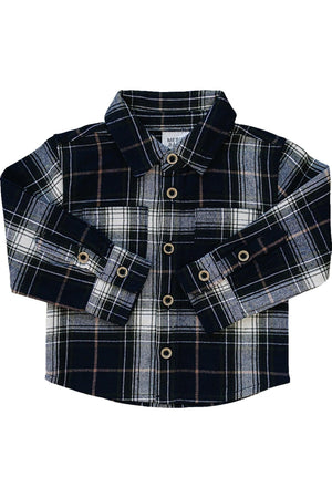 Navy plaid button-up shirt from Mebie Baby, made of 100% cotton. This soft, flannel shirt features a classic design with button closures, suitable for infants and toddlers.