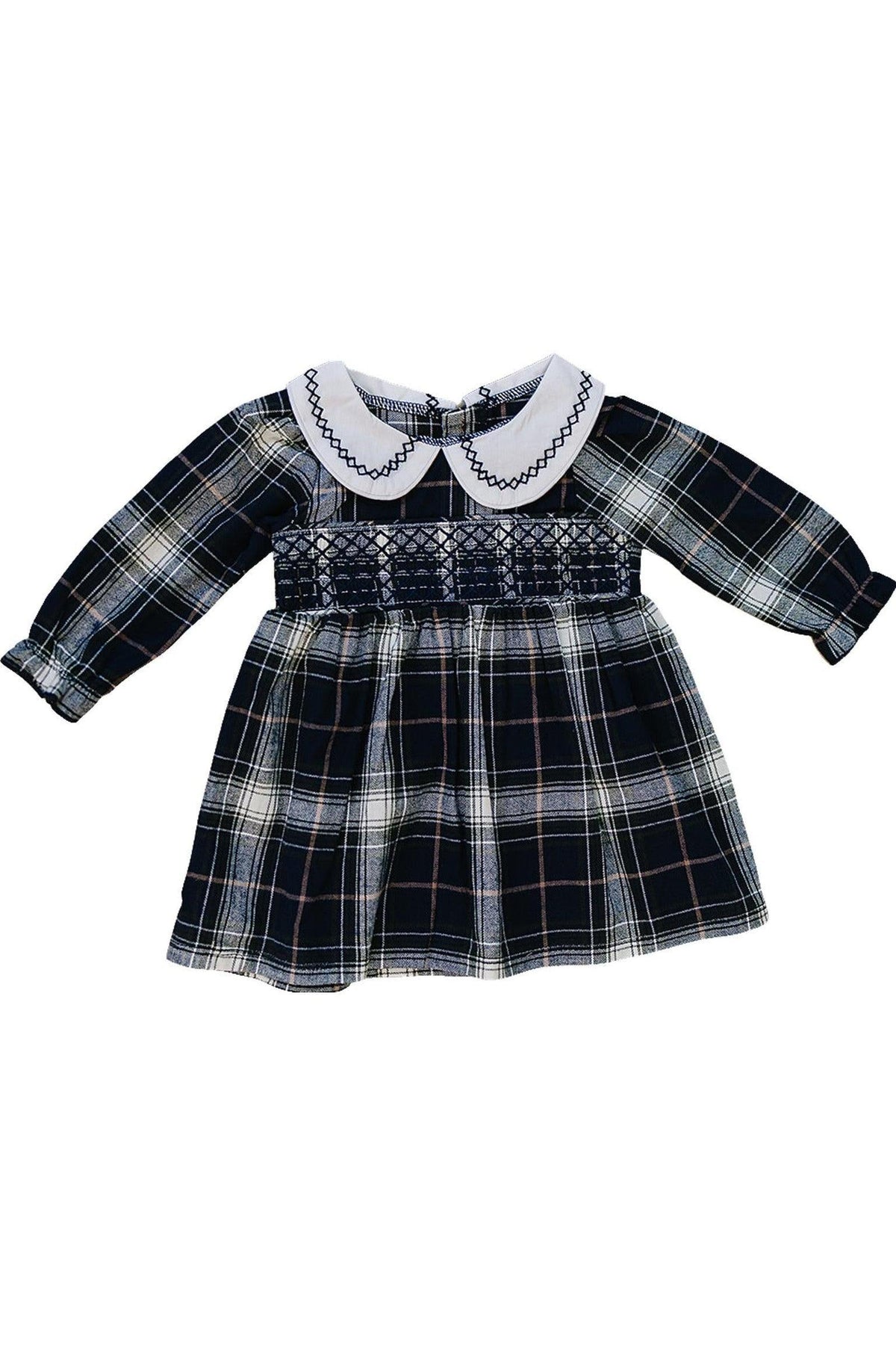 Navy plaid smocked dress with long sleeves and a white Peter Pan collar, suitable for children aged 0-8.