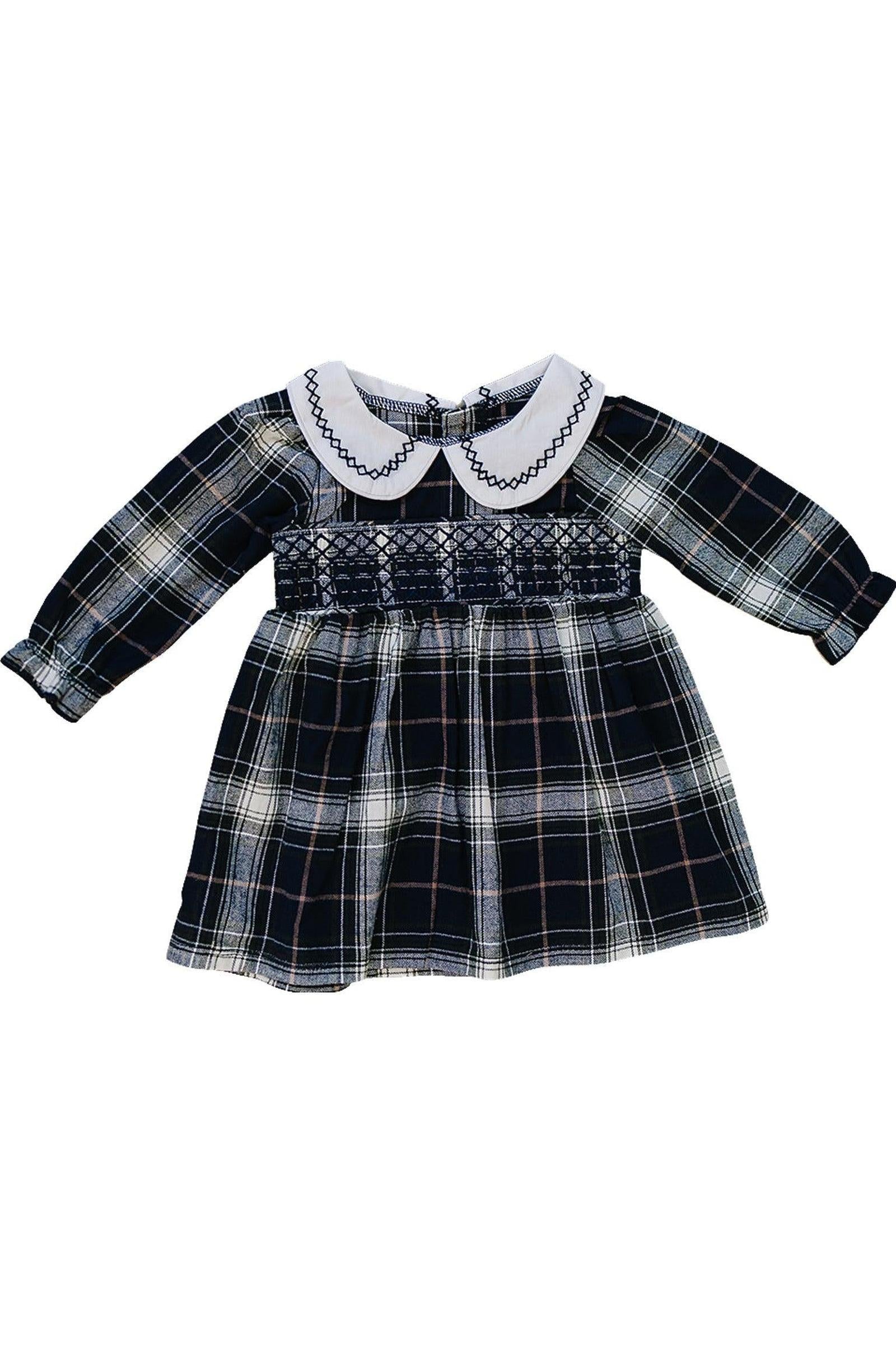 Classic Navy Plaid Smocked Dress with Peter Pan Collar | Cotton
