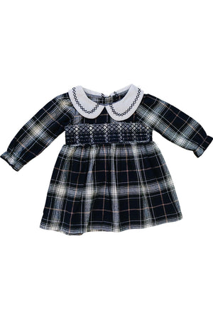 Navy plaid smocked dress with long sleeves and a white Peter Pan collar, suitable for children aged 0-8.