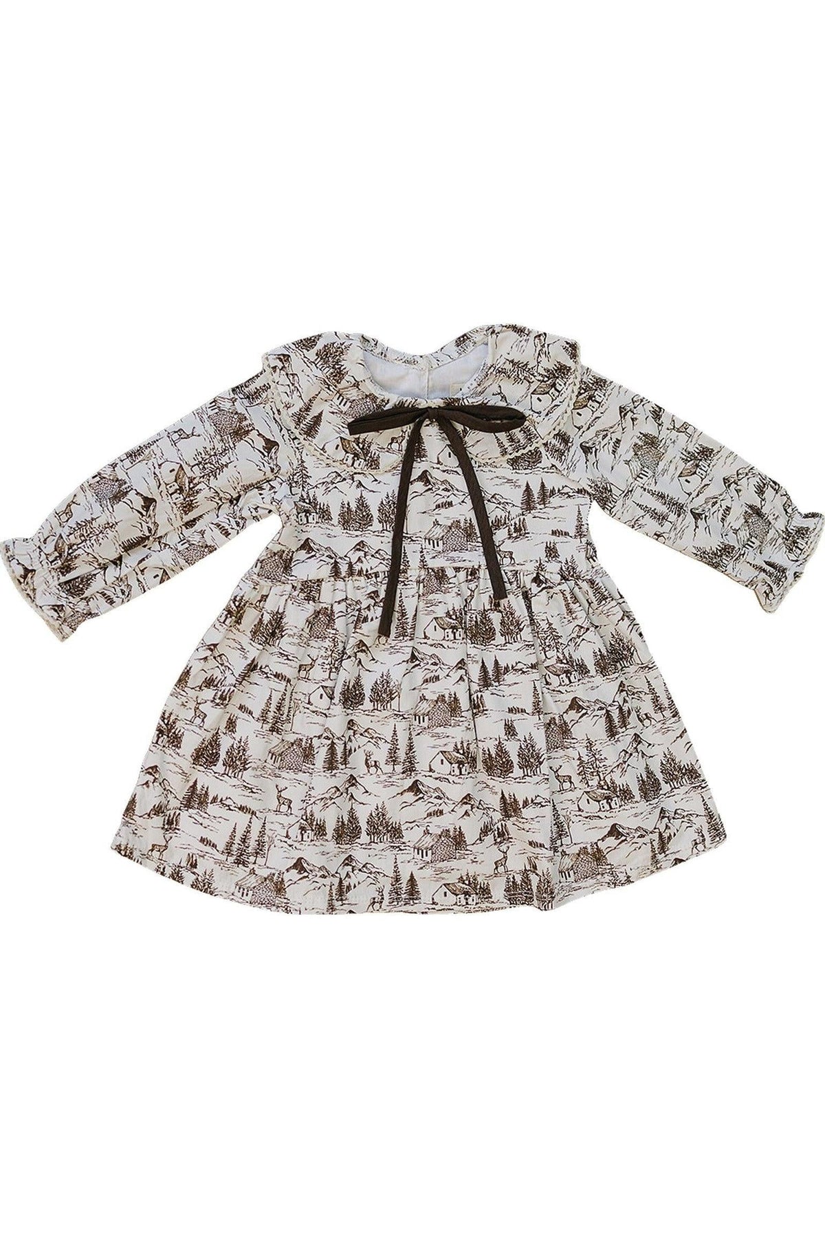 The image features a brown toile long-sleeve dress with a delicate vintage-inspired pattern of trees and landscapes. It has a gathered waist and a tied bow for added charm.