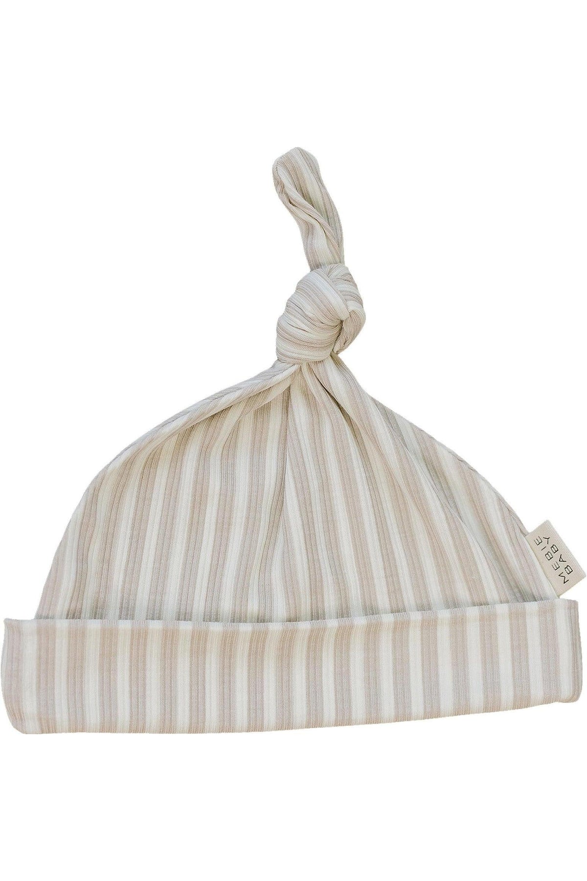 Taupe striped ribbed newborn knot hat made from soft bamboo rayon, featuring a knotted top and a folded brim.