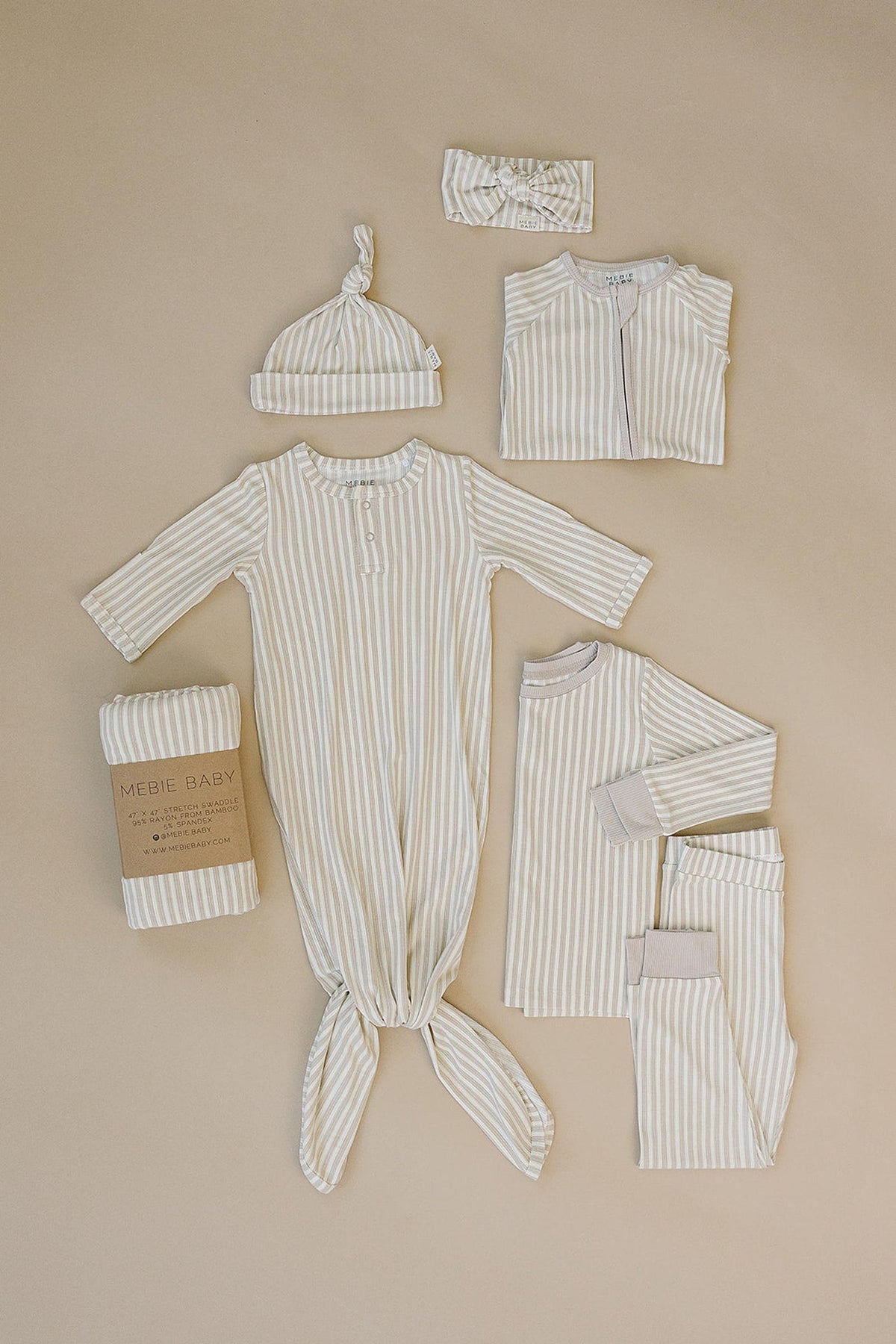 Mebie Baby Taupe Stripe Ribbed Stretch Swaddle Blanket, Bamboo, Baby Essentials