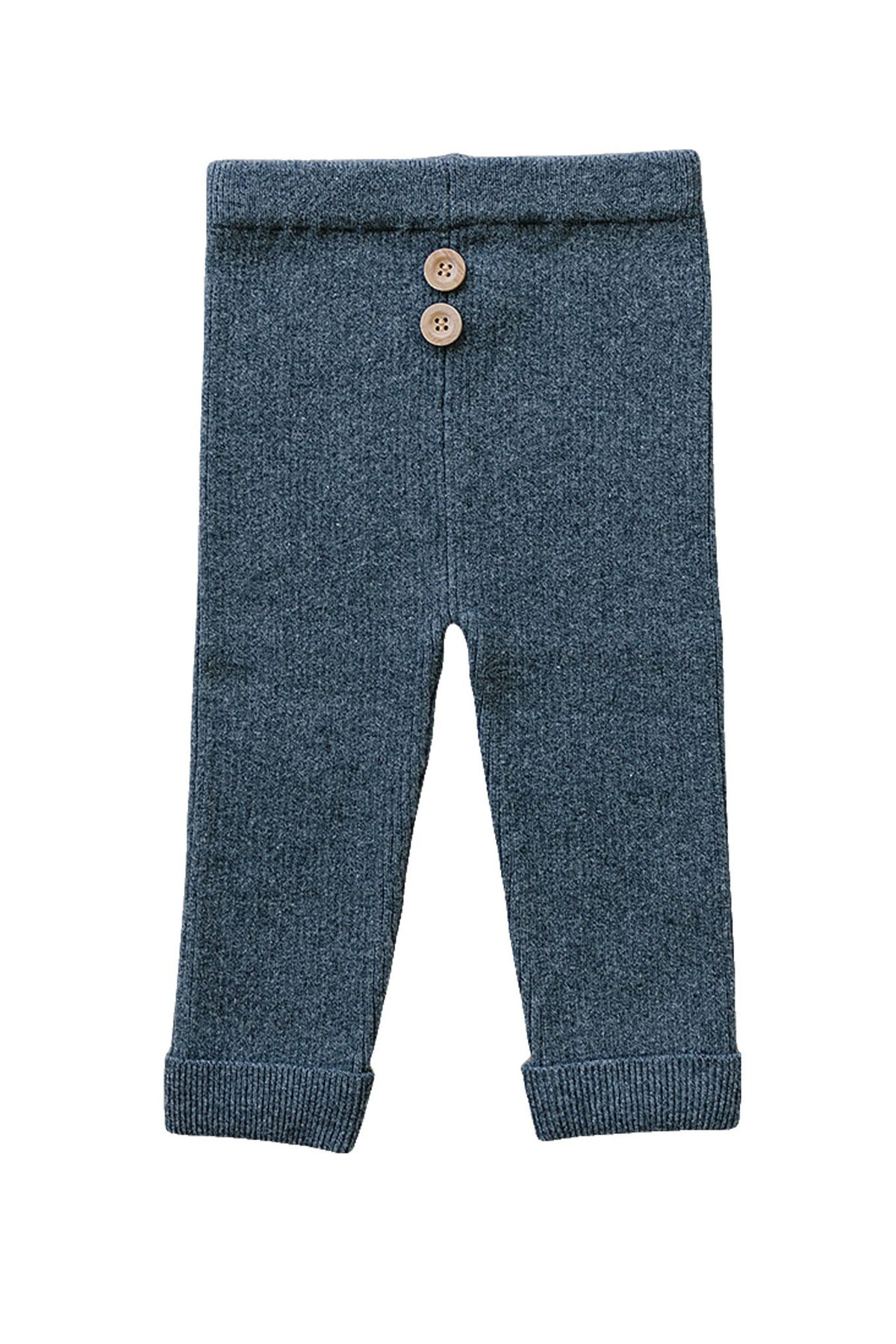 Charcoal knit leggings with wooden buttons, made from organic cotton. Suitable for babies and toddlers.