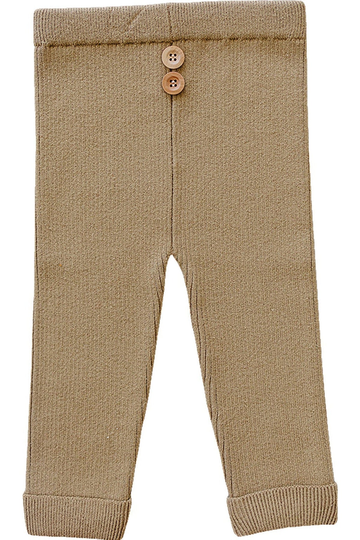 Toffee-colored knit leggings with ribbed cuffs and two wooden buttons, made from organic cotton for babies.