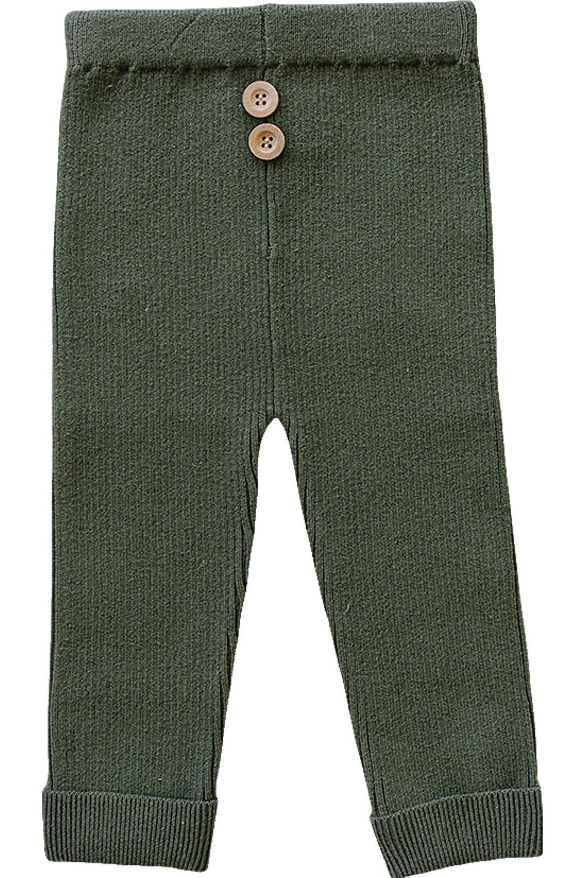 Olive green knit leggings with two wooden buttons at the waist, made from organic cotton for babies.