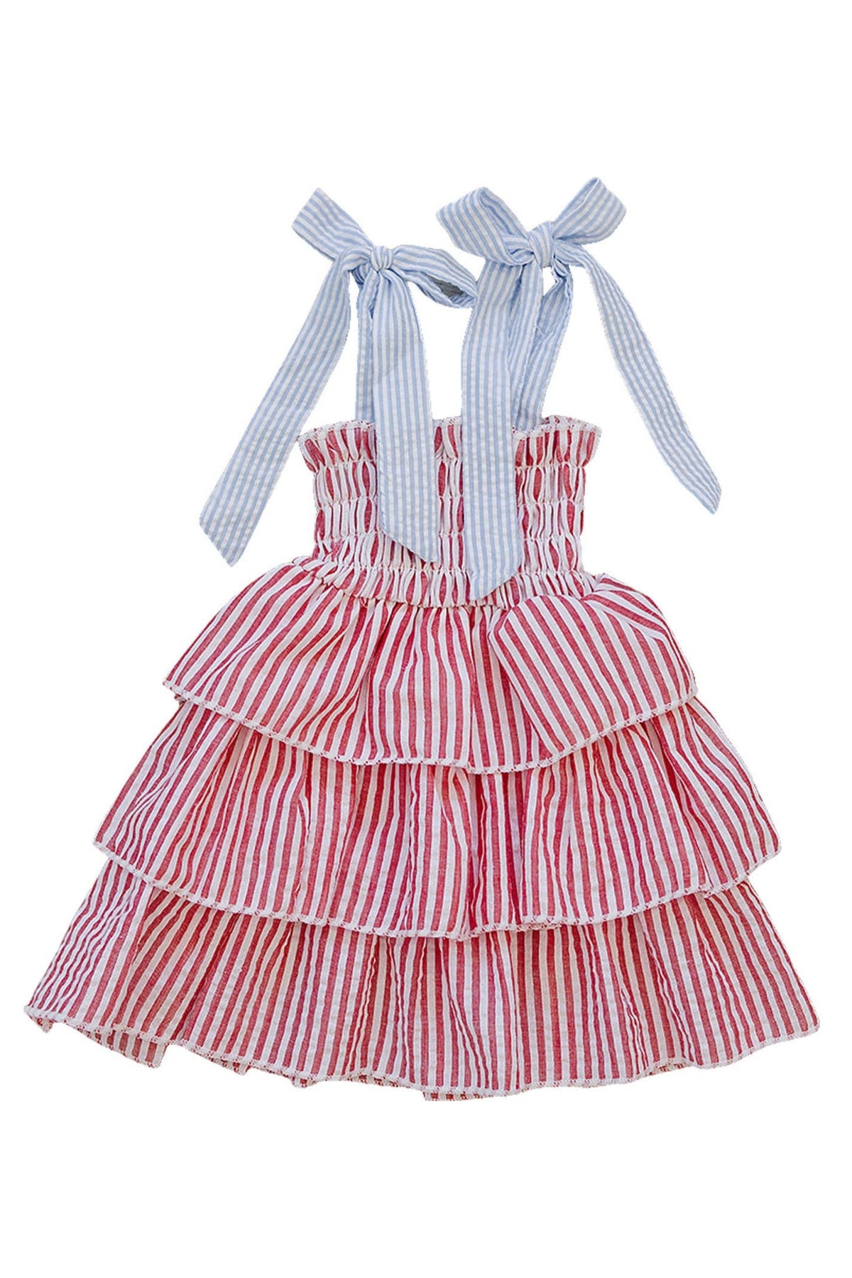 Red striped ruffle dress with blue gingham shoulder ties, suitable for babies and toddlers. Made from lightweight cotton.