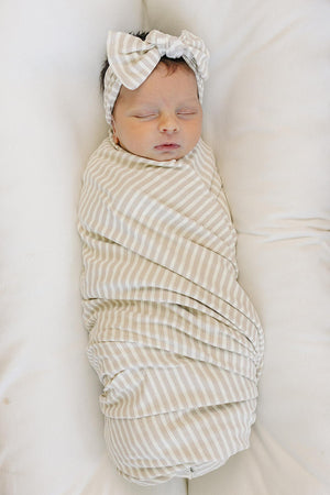 Mebie Baby Taupe Stripe Ribbed Stretch Swaddle Blanket, Bamboo, Baby Essentials