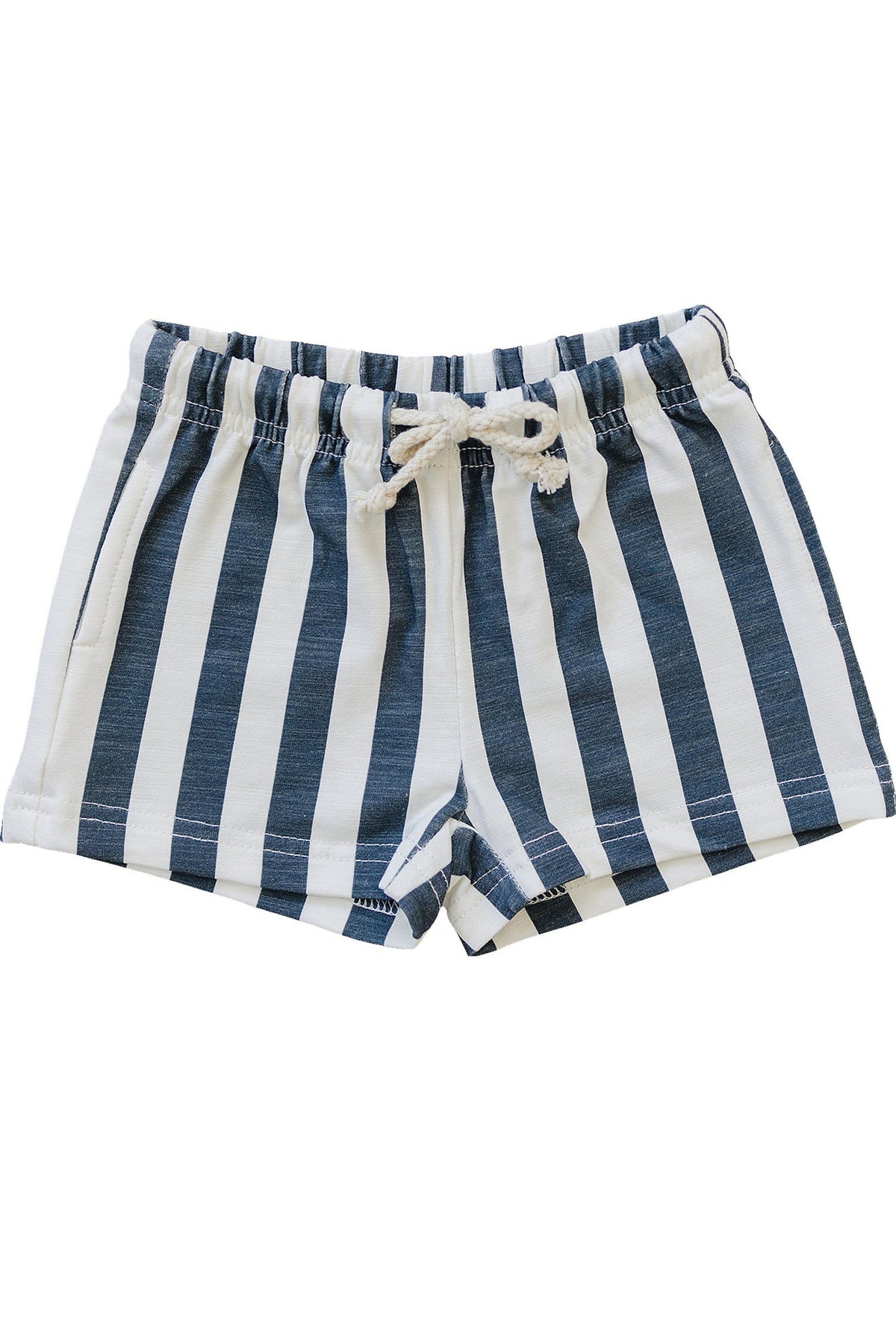 Navy and white striped cotton shorts with an elastic waistband and drawstring, ideal for kids summer wear.