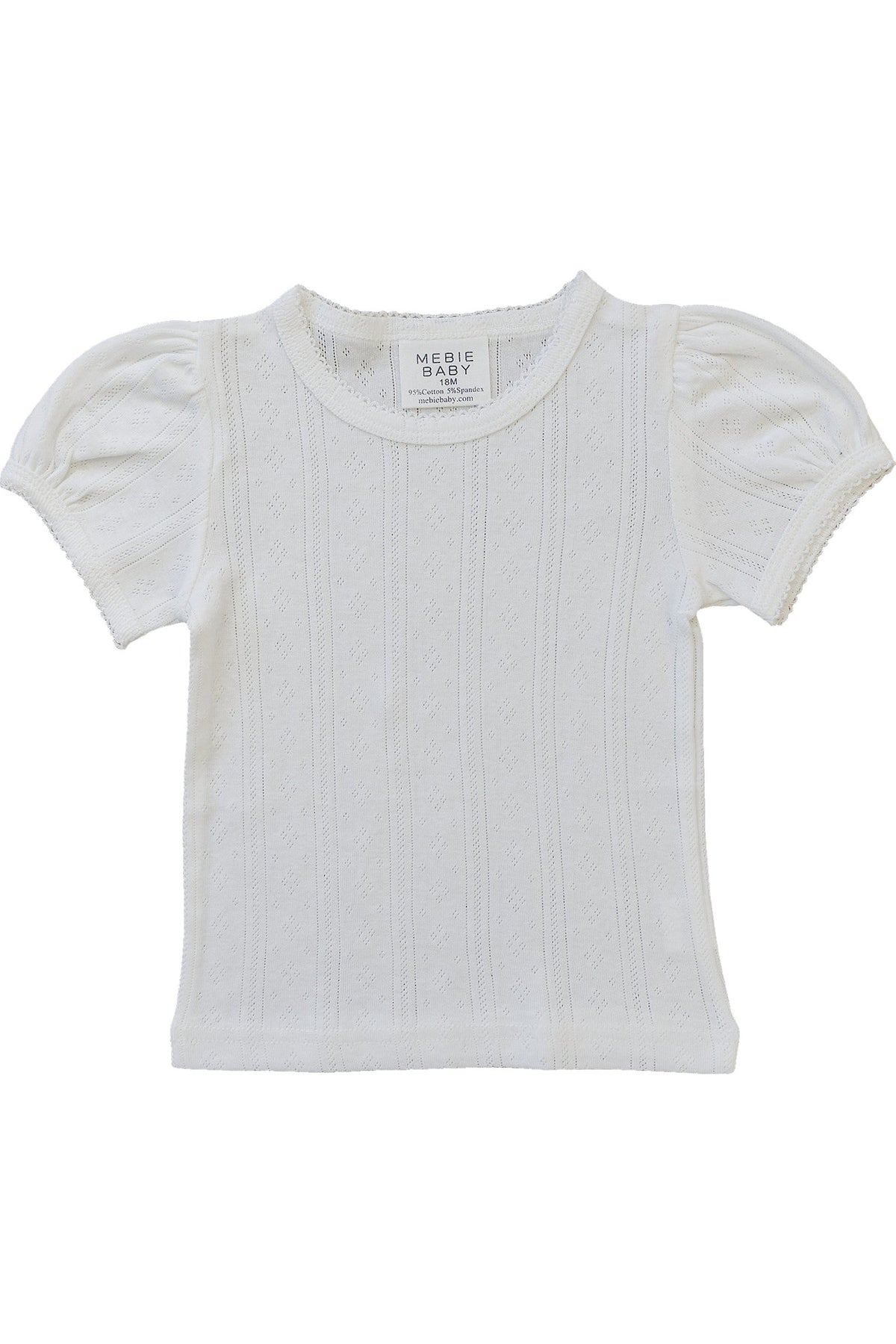 White pointelle t-shirt with short puff sleeves, featuring a delicate knit pattern, suitable for infants.