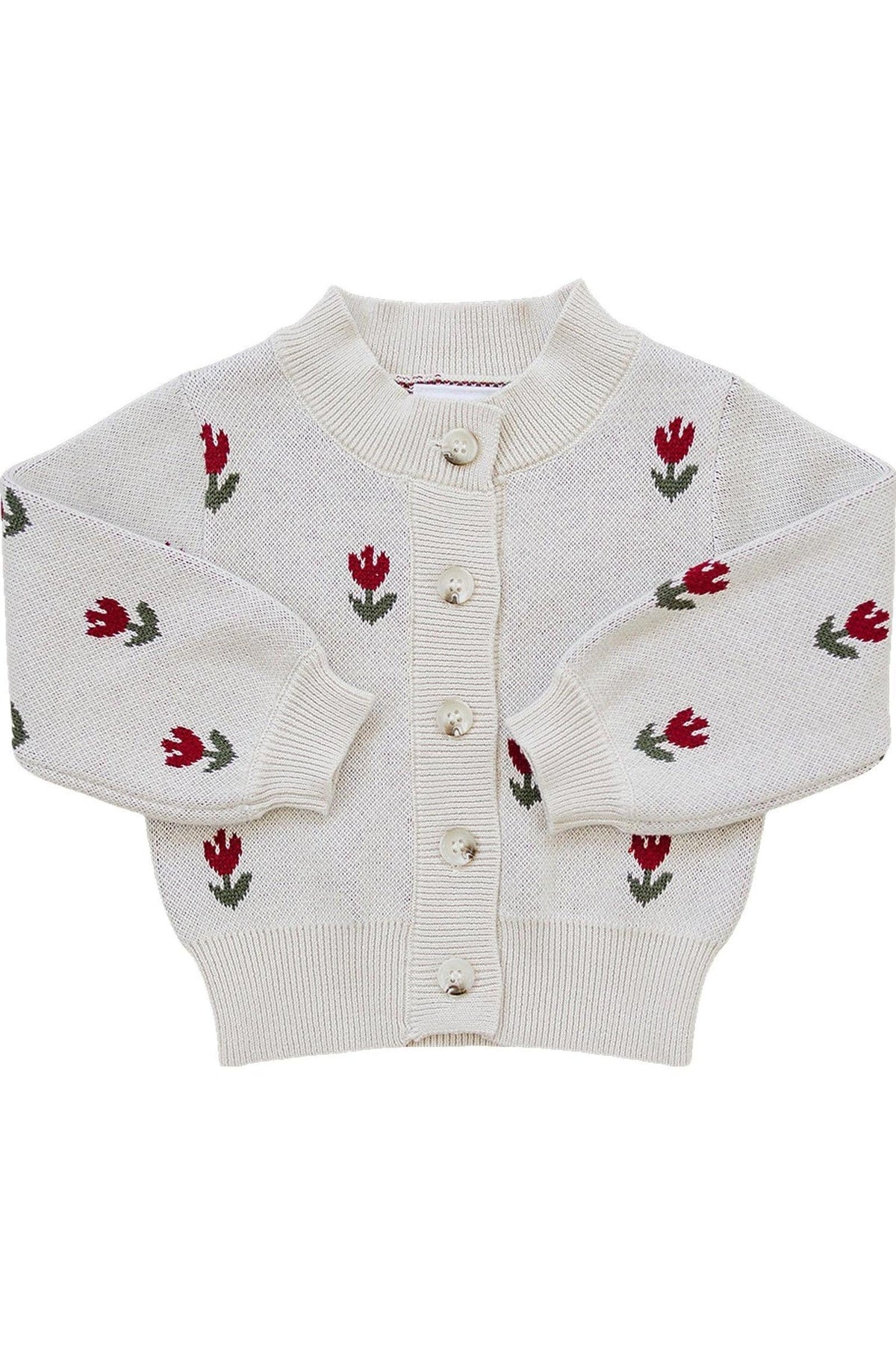 Cream knit cardigan with red tulip pattern and button-down front, suitable for children. Made from cotton.