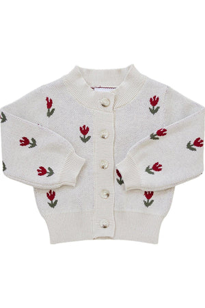 Cream knit cardigan with red tulip pattern and button-down front, suitable for children. Made from cotton.