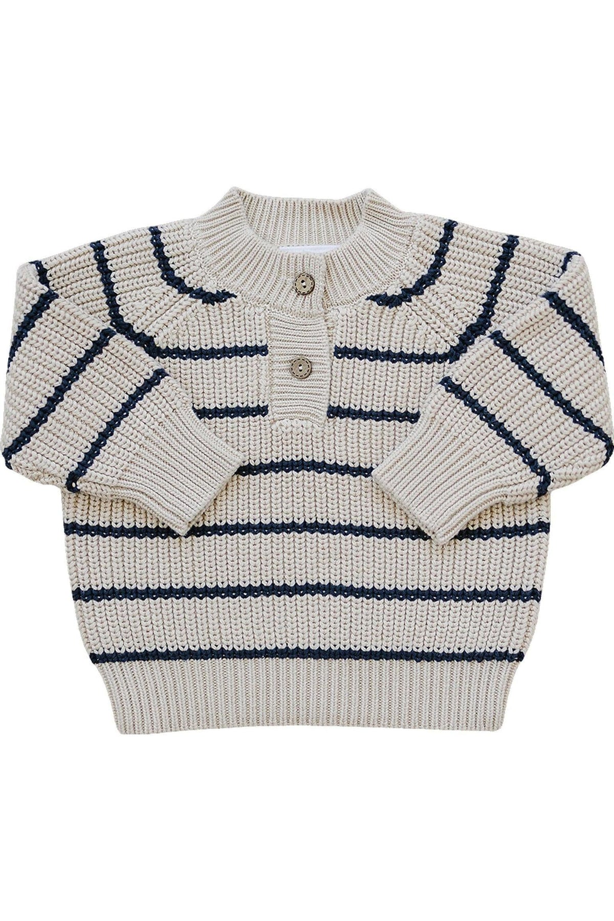 A beige knit sweater with navy stripes and two buttons, made from cotton. Suitable for babies and toddlers.