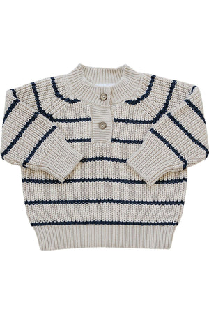 A beige knit sweater with navy stripes and two buttons, made from cotton. Suitable for babies and toddlers.